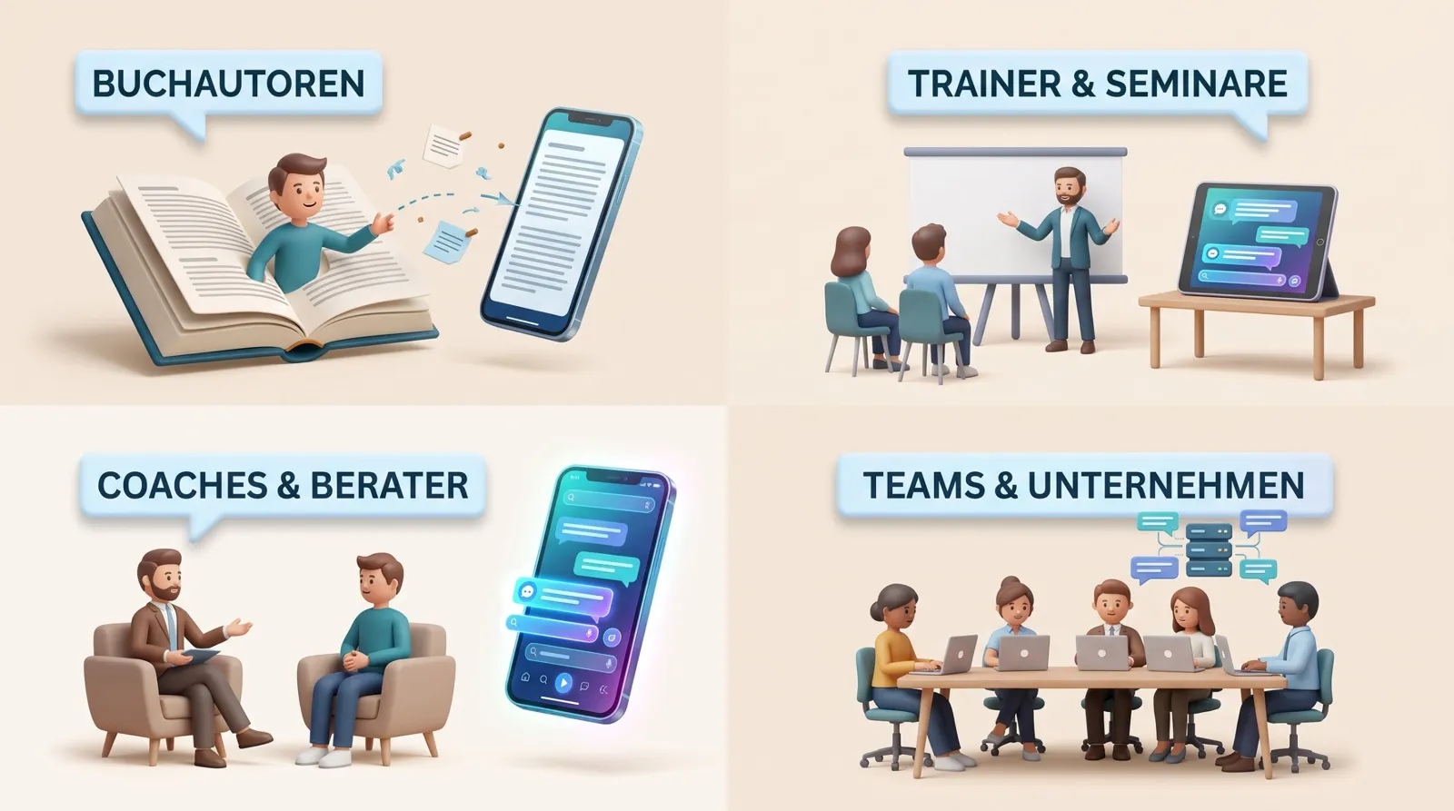 Vier Einsatzbereiche für KI-Wissens-Begleiter: Buchautoren, Trainer & Seminare, Coaches & Berater, Teams & Unternehmen