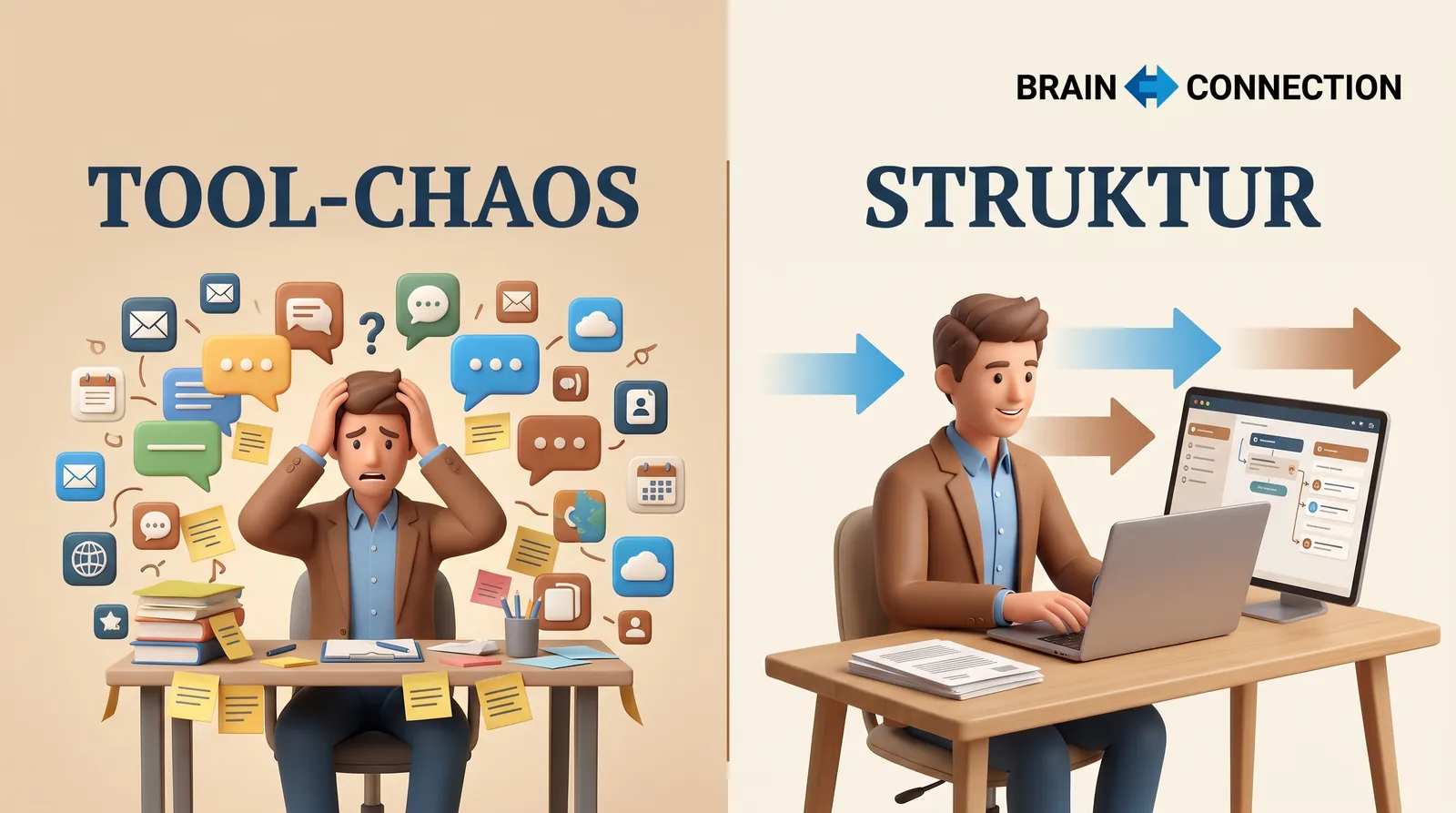 KI einfach statt Tool-Chaos: Gegenüberstellung von KI-Chaos und strukturierter Business-Integration