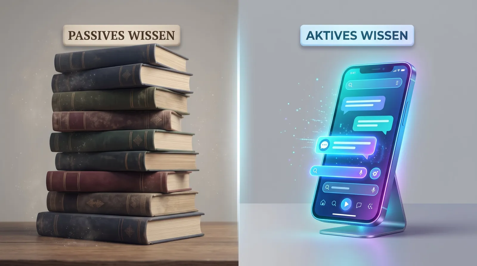 Passives Wissen im Bücherstapel versus aktiver KI-Wissens-Begleiter auf dem Smartphone